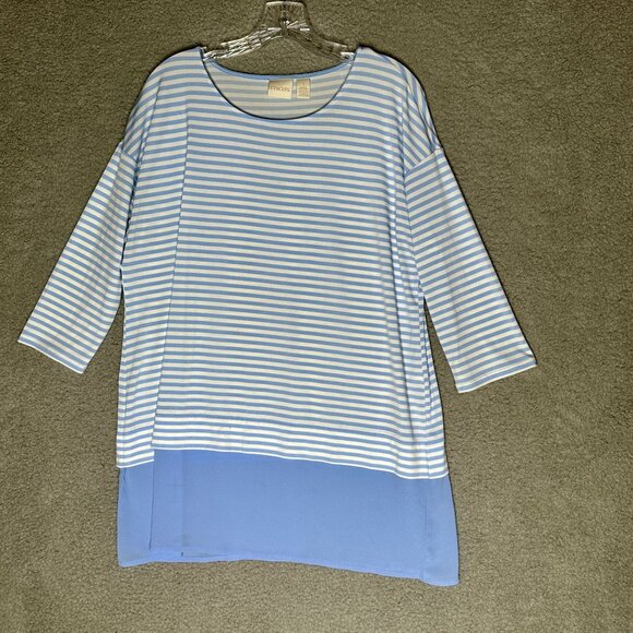 Chicos Striped Oversize Tunic‎ Top Womens Sz M Blue White Layered Hem Nautical - Picture 1 of 14